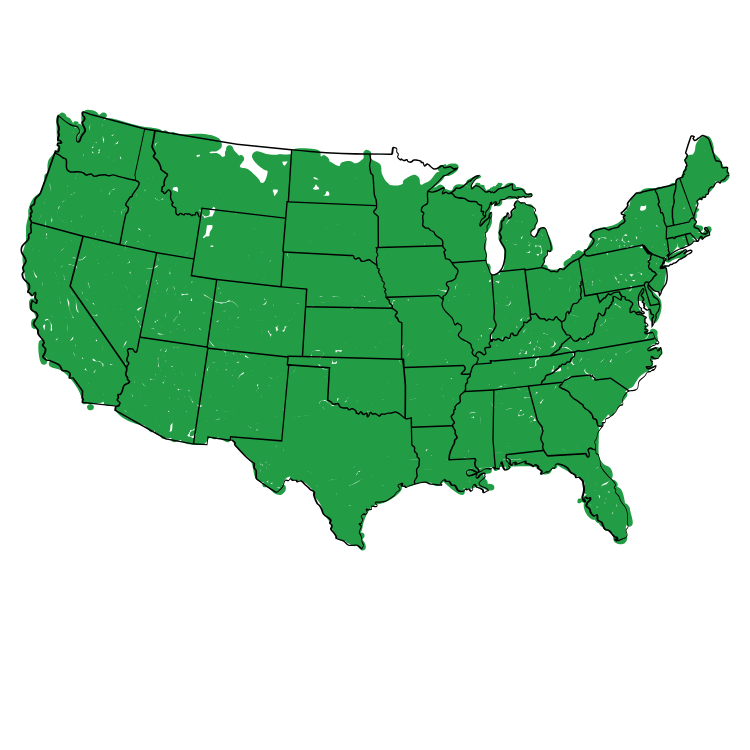 Green map of the United States with state boundaries outlined in black, all states shaded in green, on a white background.