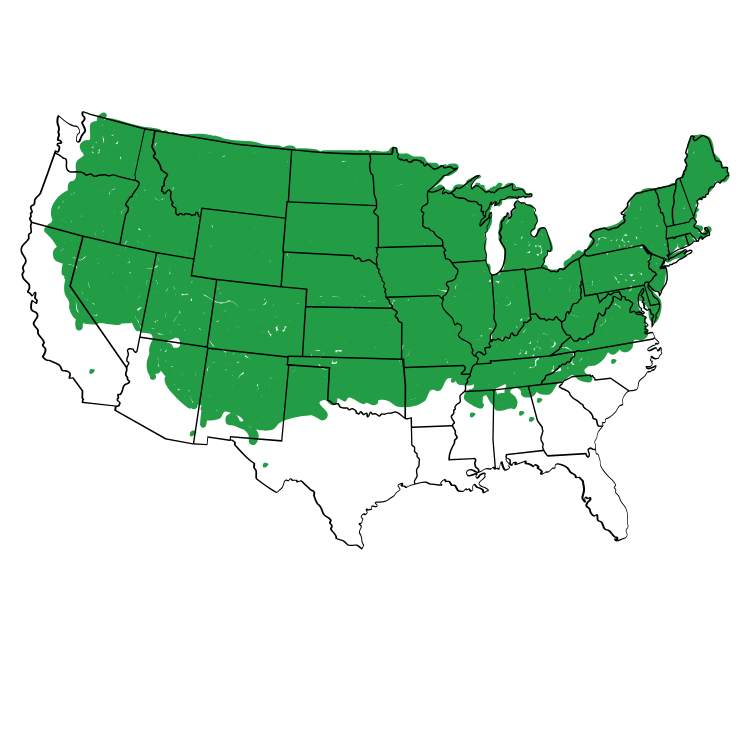 Map of the United States with most states filled in green to indicate widespread coverage, set on a white background.