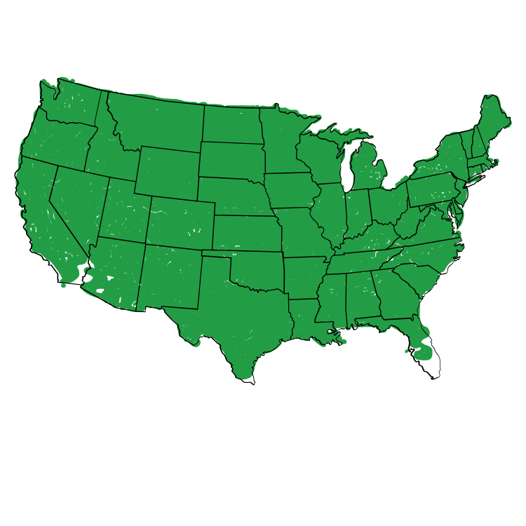 United States map with state boundaries filled in green on a white background.