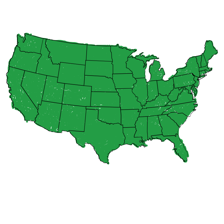 Map of the United States with all states shaded green and visible borders, showing a uniform green fill across the country.