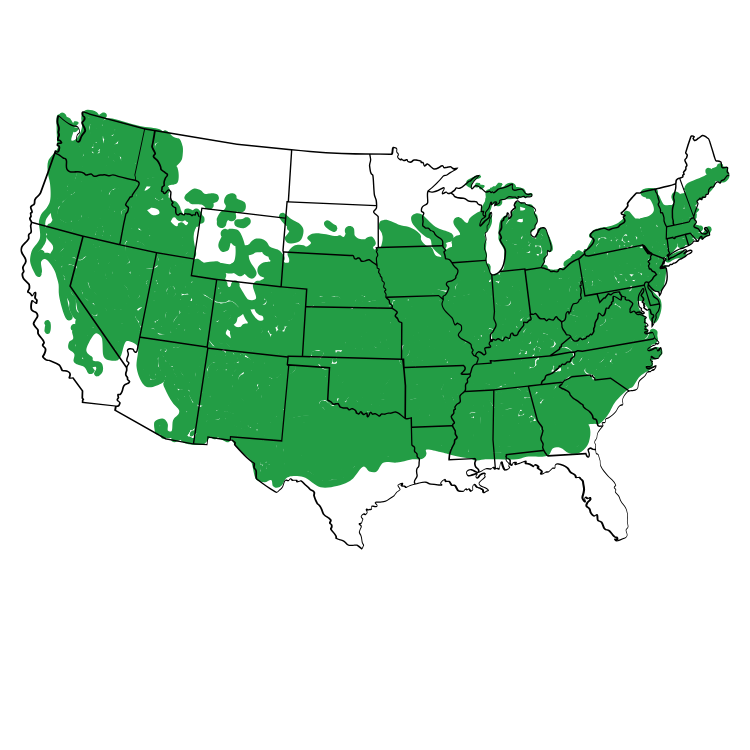 United States map with most states shaded dark green, indicating broad coverage across the country.