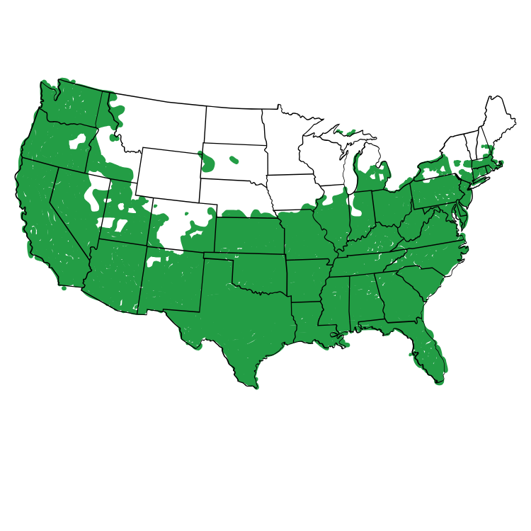 Map of the United States with most states filled in dark green and a few states left uncolored in white, indicating coverage in the shaded areas.